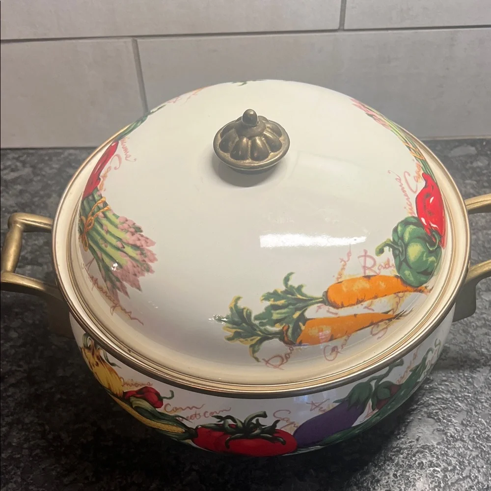 Farmers Market Vegetable Design Enamel Casserole Pot with Lid. Brass handles